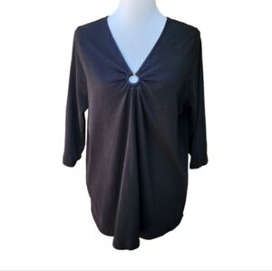 Roaman's Black 100% Cotton Blouse V-Neck Keyhole 3/4 Sleeves